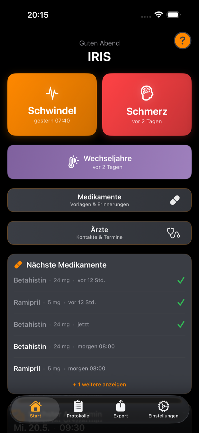 IRIS Startbildschirm mit Übersicht